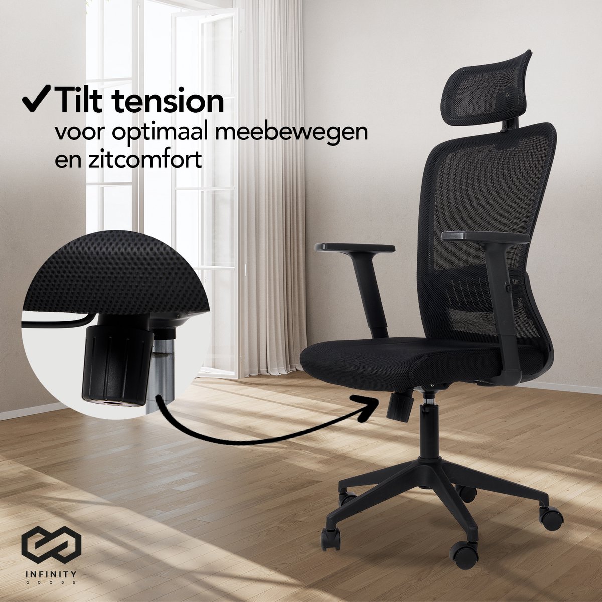Infinity Goods Ergonomische Bureaustoel - Bureaustoelen Voor Volwassenen - Volledig Verstelbaar - Office Kantoor Chair - Zwart thumbnail 5