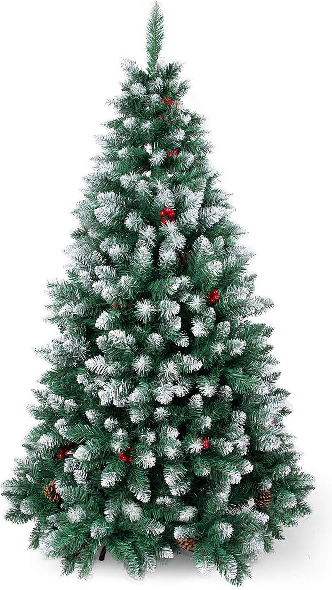 Kunstmatige kerstboom, 120/150/180/210 cm, met dennenappels, sneeuweffect en rode bes, decoratie, besneeuwde toppen en kunstmatige spar met metalen standaard.