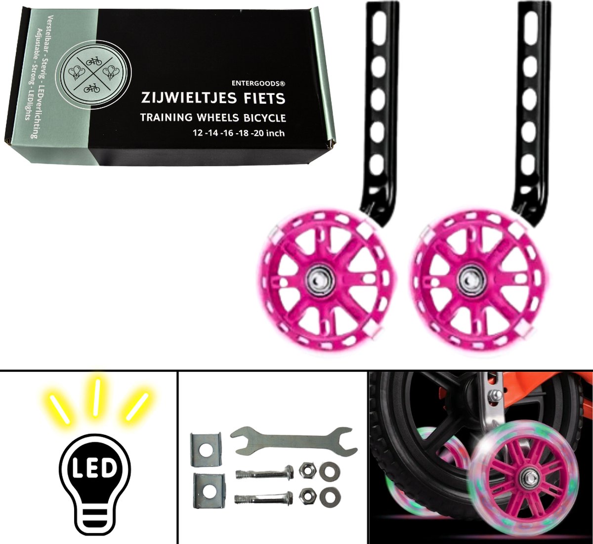 Entergoods® - Zijwieltjes - 12-20 Inch - Zijwieltjes met LED lichtjes - Zijwieltjes voor Kinderfiets - Roze - 12 inch/14 inch/16 inch/18 inch/20 inch - Zijwielen - Kinderfietsaccessoires - Universeel - Zijwielen met Lampjes - Verlichting Kinderfiets