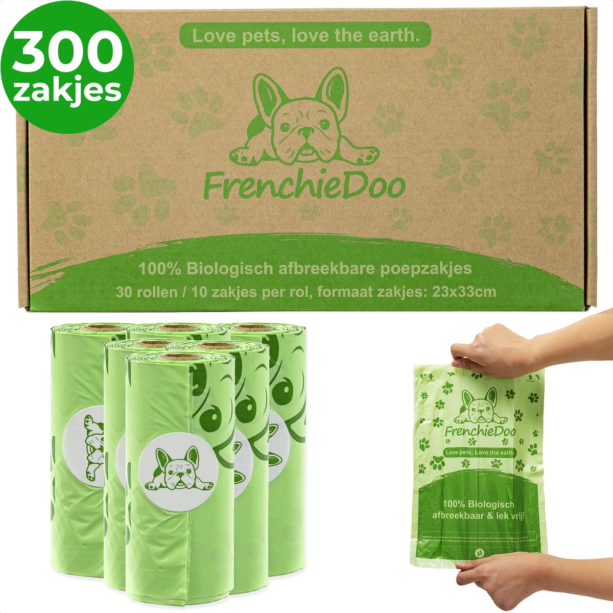 Milieubewuste hondenpoepzakjes – 300 stuks – Biologisch afbreekbaar – 100% Lekvrij - Poepzakjes Hond - 30 rollen - Frenchiedoo