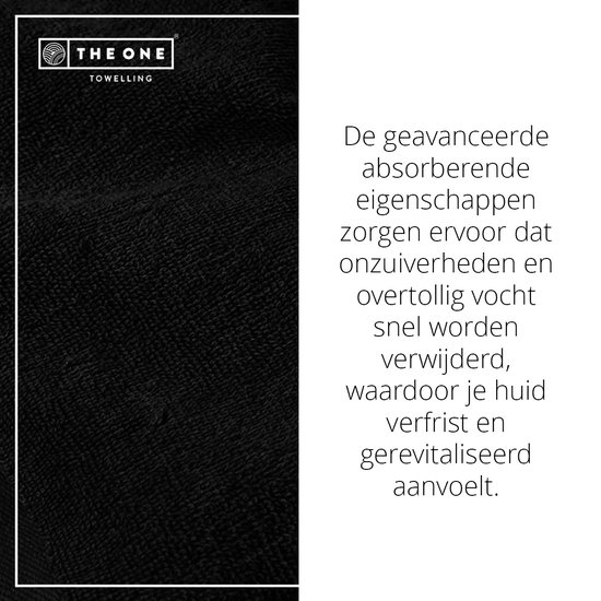 Zwarte badstof met het "The One Towelling" logo. Geavanceerde absorberende eigenschappen.