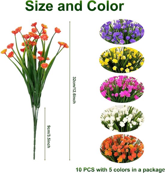 Lot de 15 bouquets de fleurs artificielles pour extérieur intérieur -  résistantes aux UV 5 Couleurs Plantes en Plastique pour Maison