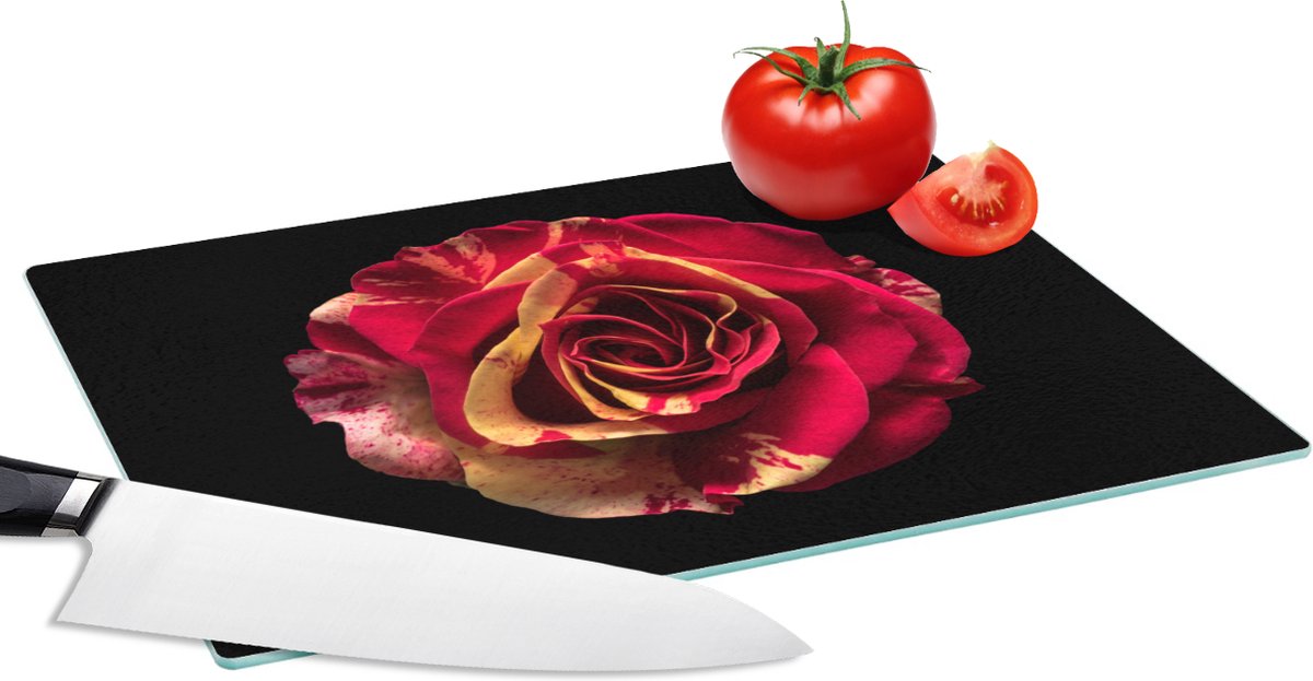 Glazen Snijplank - 28x20 - Bloem - Roos - Rood - Zwart - Snijplanken Glas