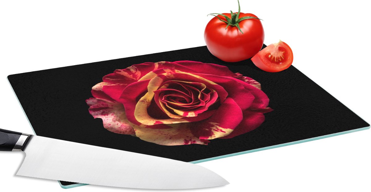 Glazen Snijplank - 28x20 - Bloem - Roos - Rood - Zwart - Snijplanken Glas