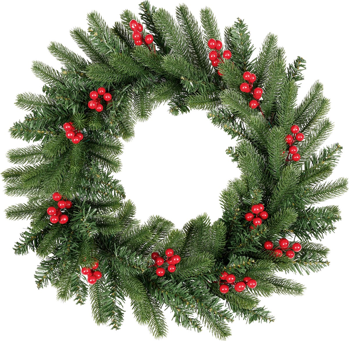 Uten Luxe Uitvoering kerstkrans - Ø 50cm - Incl 12 Rode Besjes - 120 takken - Groen