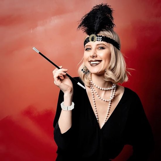 Set Accessoires Années 1920 – 6 Pièces (bandeau, Collier, Gants Longs, Boucles D'oreilles, Bracelet, Canne) Pour Fête Costumée Halloween Noël