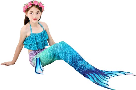Zeemeerminstaart inclusief monovin en bikini set - Mermaid staart Oceans paars - Maat 116/122 - Merkloos
