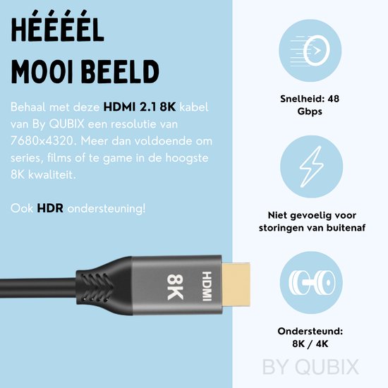 HÉÉÉÉL MOOI BEELD: HDMI 2.1 8K kabel van By Qubix, 7680x4320 resolutie, HDR-ondersteuning.