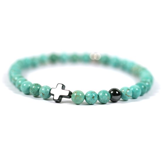 Bracelet homme croix pierre gemme turquoise 6mm - Ibizamen 21cm