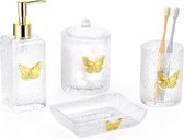 Badkameraccessoireset, 4-delige glazen badkamerset met gouden vlinderdecoratie, badkameruitrustingset inclusief lotiondispenser, beker, zeepbakje, wattenstaafjesdoos met deksel, elegante badkamerset, helder.