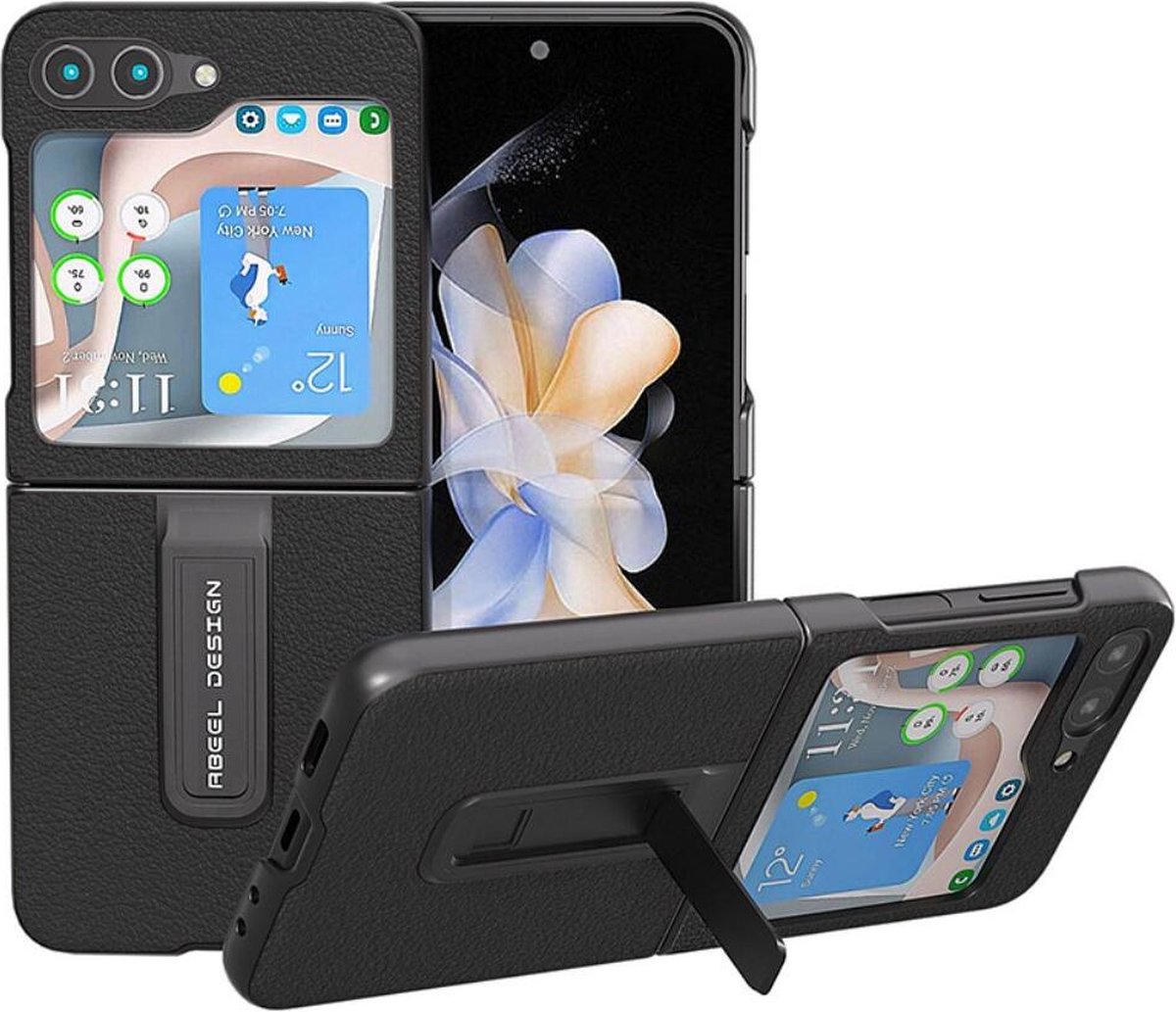 ABEEL Hoesje Geschikt voor Samsung Galaxy Z Flip 5 - Back Cover met Kickstand - Echt Leer Case - Zwart