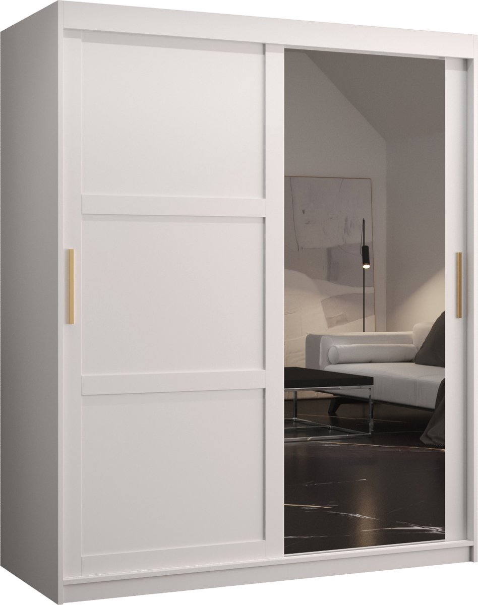 AJE Meubles B.V. Zweefdeurkast met spiegel Kledingkast met 2 schuifdeuren Garderobekast slaapkamerkast Kledingstang met planken (LxHxP): 150x200x60 cm - Rumble II (Wit, 150)