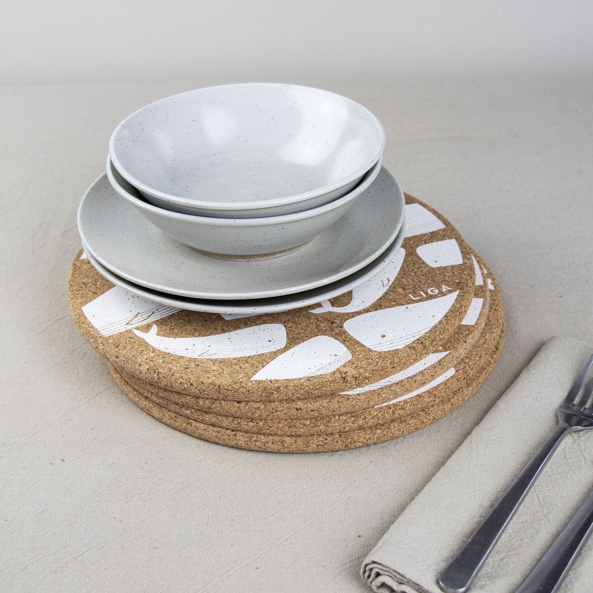 LIGA Placemat Walvis Set van 4 Stuks Kurk Beige bol