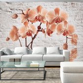 Fotobehangkoning - Behang - Vliesbehang - Fotobehang Oranje Orchideeën Bloemen - Witte Stenen - The Orange Arc - 350 x 245 cm