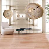Fotobehangkoning - Behang - Vliesbehang - Fotobehang - Flying Discs of Wood - Vliegende Boomstammen - 3D Tunnel - 350 x 245 cm