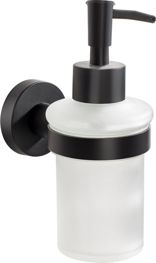 Matzwart wandmontage zeepdispenser met glazen container.