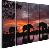 Artaza Canvas Schilderij Vierluik Olifanten Tijdens Zonsondergang - Silhouet - 160x120 - Groot - Foto Op Canvas - Canvas Print