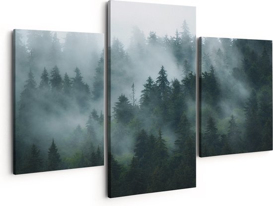Artaza Canvas Schilderij Drieluik Bos Met Bomen In De Mist - 150x120 - Groot - Foto Op Canvas - Canvas Print