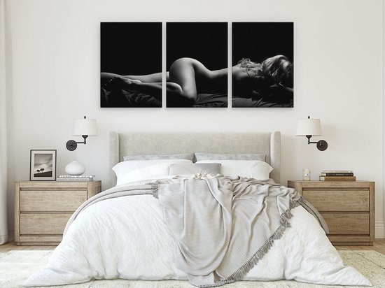 Artaza Tableau sur Toile Triptyque Femme Nue au Lit - Erotiek - Zwart Wit - 180x80 - Groot - Photo sur Toile - Impression sur Toile