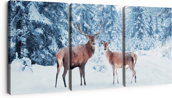 Artaza Canvas Schilderij Drieluik Twee Herten In Het Bos Met Sneeuw - 90x40 - Foto Op Canvas - Canvas Print