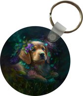 Sleutelhanger - Hond - Puppy - Bloemen - Natuur - Golden retriever - Plastic - Rond - Uitdeelcadeautjes