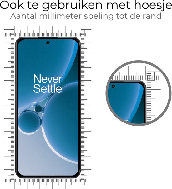 Smartphone met beschermfolie, met maataanduiding rondom. Ook te gebruiken met hoesje.