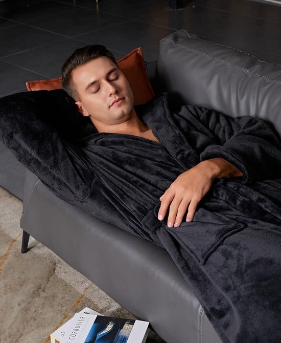 ALISISTER Badjas voor heren, flanel fleece, ochtendjas met capuchon, sauna badjas, huismantel voor mannen M-XXL, blauw, XL