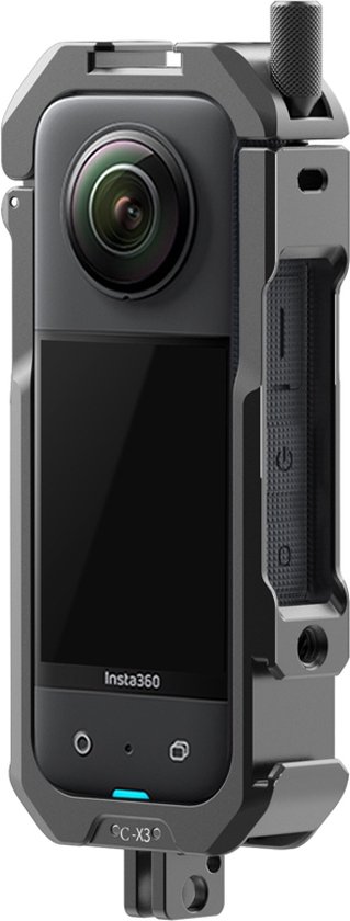 Zwarte Ulanzi kooi voor de Insta360 X3 camera met lens en scherm.