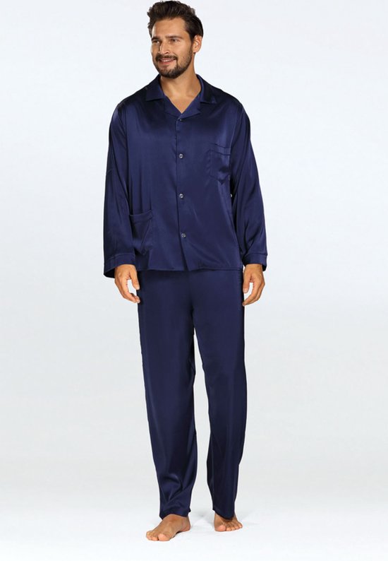 Elegante satijnen herenpyjama -Satijn pyjama heren met knoopsluiting - Lange Mouw Lange Broek pyjama - DKaren Noah - marineblauw L