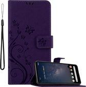 Cadorabo Hoesje geschikt voor Google PIXEL 4A 5G in BLOEMEN DONKER PAARS - Beschermhoes in bloemmotief met magnetische sluiting, standfunctie en kaartsleuven Book Case Cover Etui