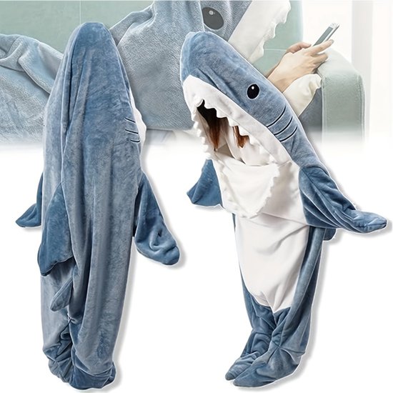 Livano Couverture à capuche avec manches – Blanket polaire – Femme – Homme – Enfants – Plaid – Couverture câline – Onesie – Extra douce et chaude – Requin – Taille XXL