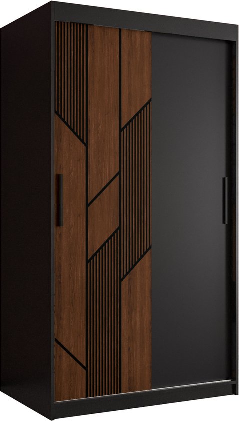 Zweefdeurkast Kledingkast met 2 schuifdeuren Garderobekast slaapkamerkast Kledingstang met planken (LxHxP): 100x200x62 cm - SEMELE (Zwart + houtpatroon met geometrische lijnen, 100) met lades