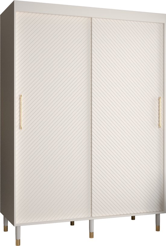 Zweefdeurkast Kledingkast met 2 schuifdeuren Garderobekast slaapkamerkast Kledingstang met planken | elegante kledingkast, glamoureuze stijl (LxHxP): 150x208x62 cm - CAPS J1 (Wit, 150 cm)