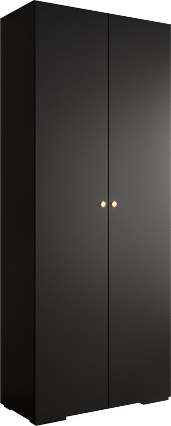 Opbergkast Kledingkast met 2 draaideuren Garderobekast slaapkamerkast Kledingstang met planken | Gouden Handgrepen, elegante kledingkast, glamoureuze stijl (LxHxP): 100x237x47 cm - IVONA 2 (Zwart, 100 cm)