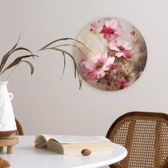 WallCircle - Wandcirkel bloemen olieverf 30x30 cm - Roze ronde schilderijen woonkamer - Wandbord kleurrijk rond - Muurdecoratie abstracte kunst - Kamer accessoires binnen - Roze decoratie - Wanddecoratie muurcirkel - Woonaccessoires