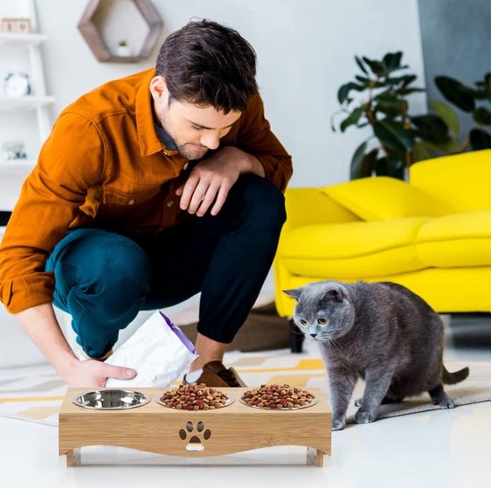 Set van 3 verhoogde kattenbakken, voederbak voor katten, 15° gekanteld