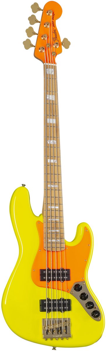 Fender MonoNeon Jazz Bass V Neon Yellow MN signature 5-snarige elektrische basgitaar met deluxe gigbag