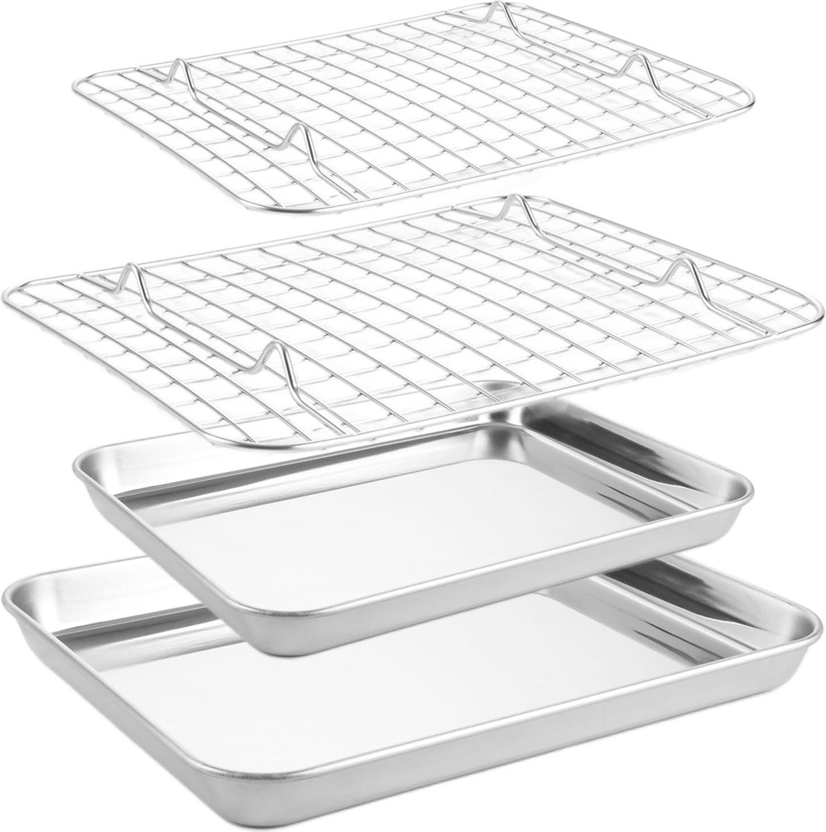 2 stuks bakplaten met afkoelrooster, 26,5 x 20,5 x 2,5 cm, roestvrijstalen taartschaal en taartrooster, rechthoekige ovenplaat, braden voor bakken, braden, koelen, vaatwasmachinebestendig