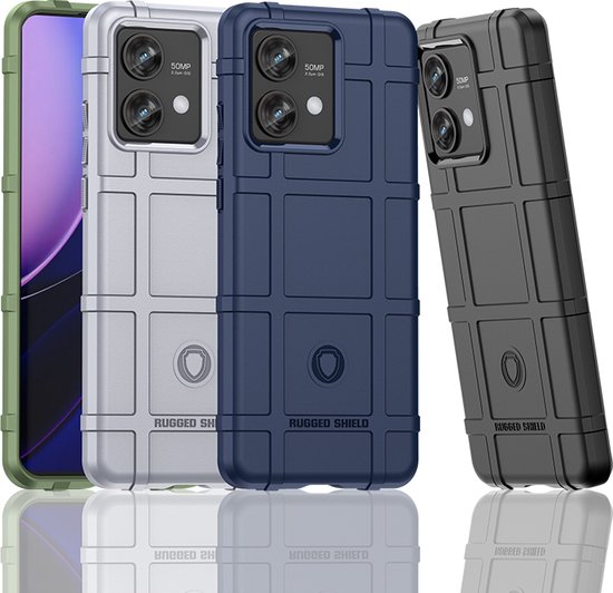 Groene, zilveren, blauwe en zwarte Rugged Shield telefoonhoesjes.