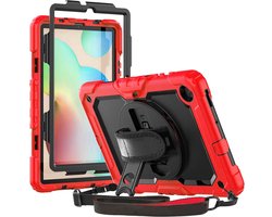 Hoes met ingebouwde Screenprotector Geschikt voor Samsung Galaxy Tab S6 Lite | Inclusief 360° Draaibare Handriem en Schouderriem | Extreme bescherming | Ideaal voor zakelijk gebruik | Rood