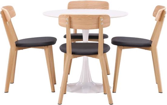 Hamden eethoek tafel wit en 4 Sanjos stoelen naturel.