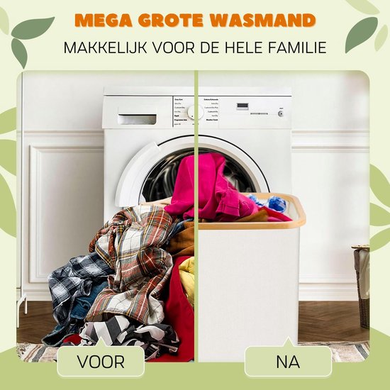 Wasmand met 3 Vakken - Wassorteerder met Deksel - 145L - Opvouwbaar - Beige - Teklama