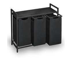 Goliving Wassorteerder – Wasmand met 3 vakken – Wasbox – Oxfort textiel/Metaal/Hout – 3 x 38 Liter – 33 x 92.5 x 71 cm – Zwart