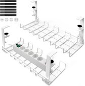 Kabelgoot Bureau, Geen Boren, Set van 2 Kabelbeheer Bureaus, Gemaakt van Staal, Inclusief Accessoires, Kabelmandje, Klembevestiging Onder het Bureau, Bureau-organizer voor Kantoor/Thuis, Wit