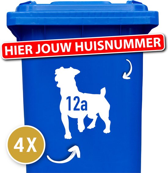 Container sticker - klikostickers - kliko sticker voordeelset - 4 stuks - Jack russel 2 - container sticker huisnummer - wit - vuilnisbak stickers - container sticker hond