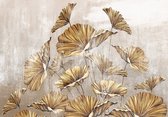 Fotobehang - Bloemen - Planten - Gouden Bladeren - Betonnen Achtergrond - Vliesbehang - 152x104cm (lxb)
