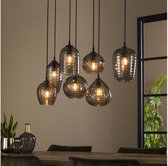 Hanglamp van 7 Verschillende Lampen met Hexagon design Glas Eetkamer - Smoke Grey - Stripe Glass - Woonkamer - Eettafel - Slaapkamer - Sfeer Verlichting - In Hoogte Verstelbaar tot 150 cm - Grijs