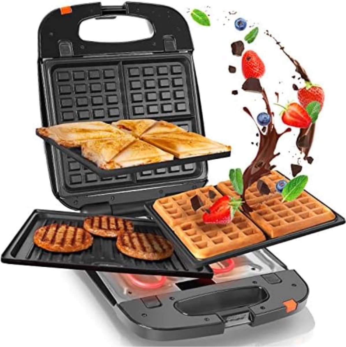 Grill Apparaat Uitneembare Platen Contactgrill met Uitneembare Platen Grill Plaat Tosti Ijzer met Uitneembare Platen 1200 W 3-in-1 Snackmaker Wafels Grill & Sandwichmaker