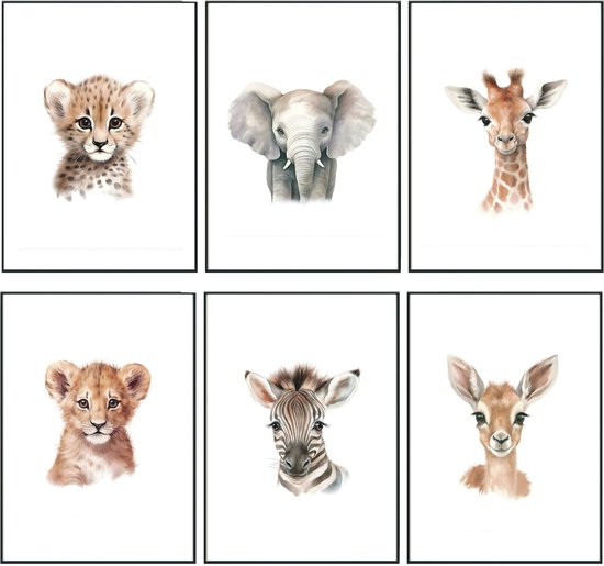 No Filter - Kinderkamer Safari posters - 6 stuks - 21x30 cm / A4 formaat - Dieren posters - Babykamer decoratie posters