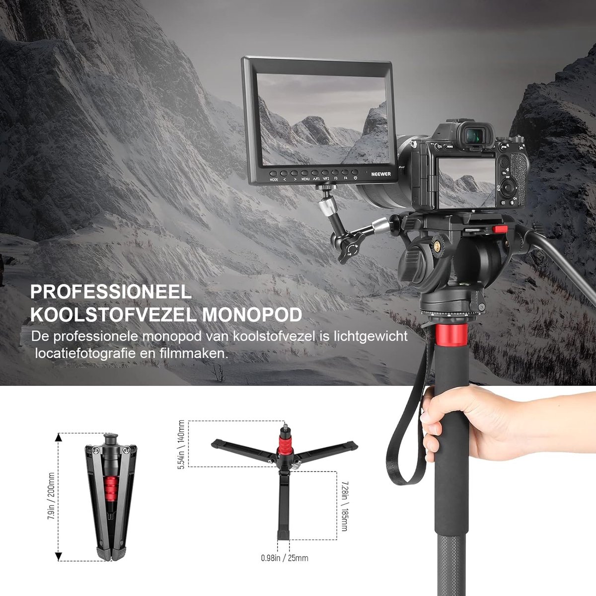NEEWER 72 inch vloeiende kop video monopod, snelwisselplaat compatibel met DJI RS Gimbal Manfrotto, 360° draaibaar en 90°/-70° kanteling voor DSLR-camera, camcorder, maximale belasting 8 kg, TP72A
